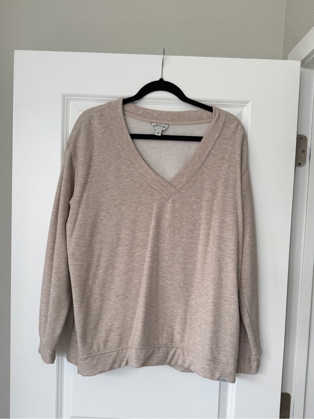 Orvis Women's V-Neck Sweatshirt in Light Taupe